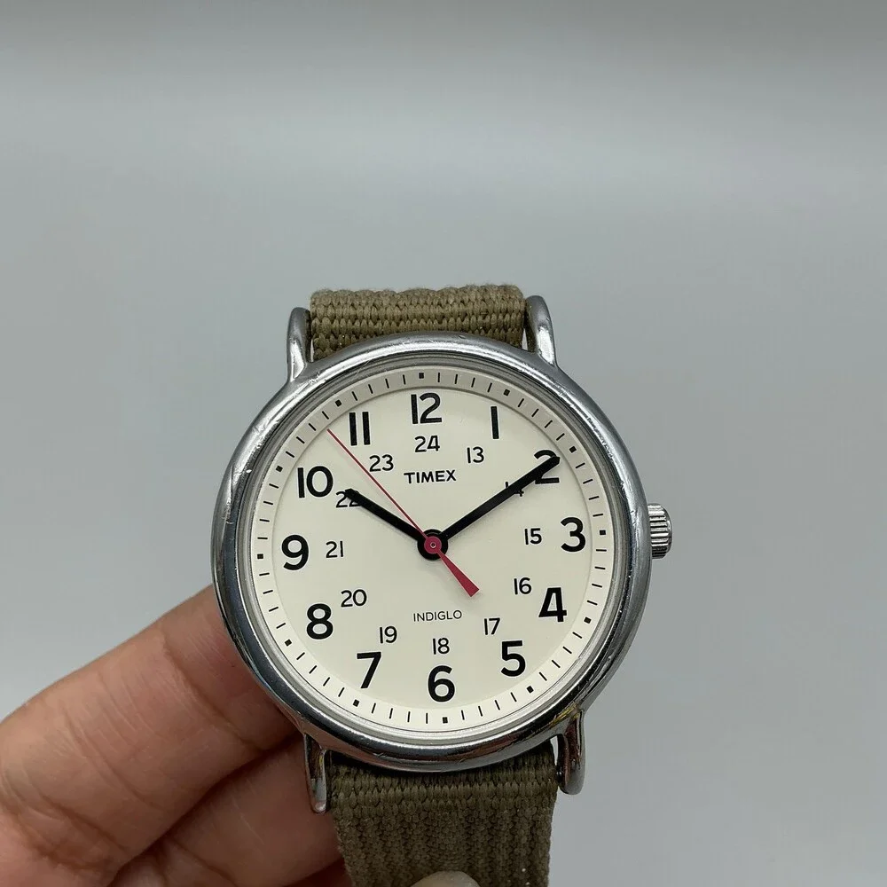 Timex Indiglo WR 30M Mens Watch 38mm Cream Dial Brown Nylon Strap Quartz
